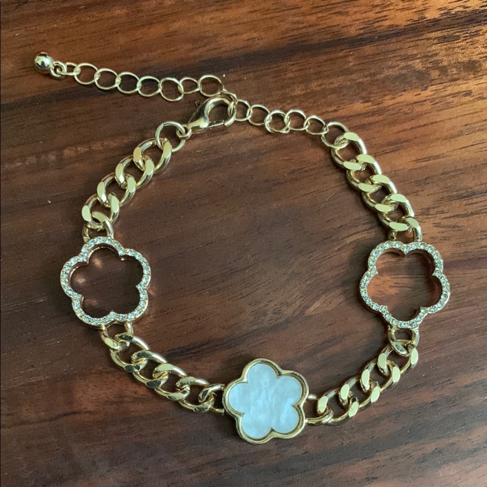 Gold tone rhinestone and shell bracelet